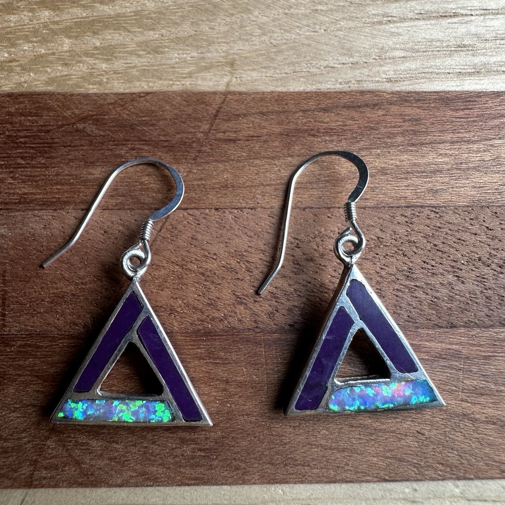 Native American Artisan JN Earrings 1.1 Inch Lab Opal Sugilite 925 Sterling 2.9g